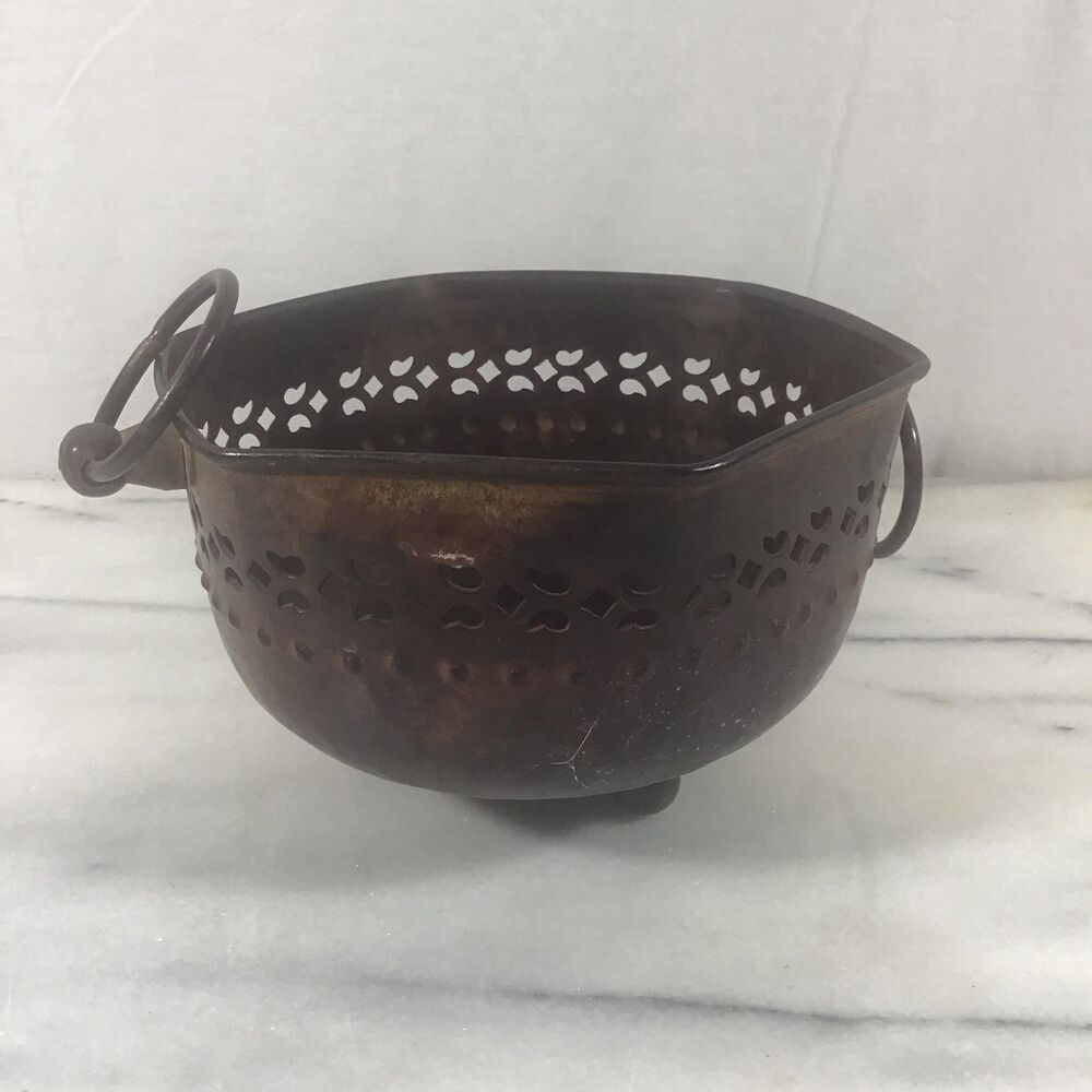 Vintage Brass Copper Footed Colander Bowl Pierced Geometric Cutout Ring Handles